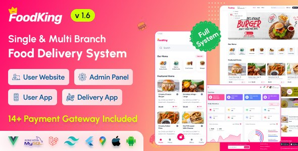 FoodKing Restaurant Food Delivery System with Admin Panel & Delivery Man App